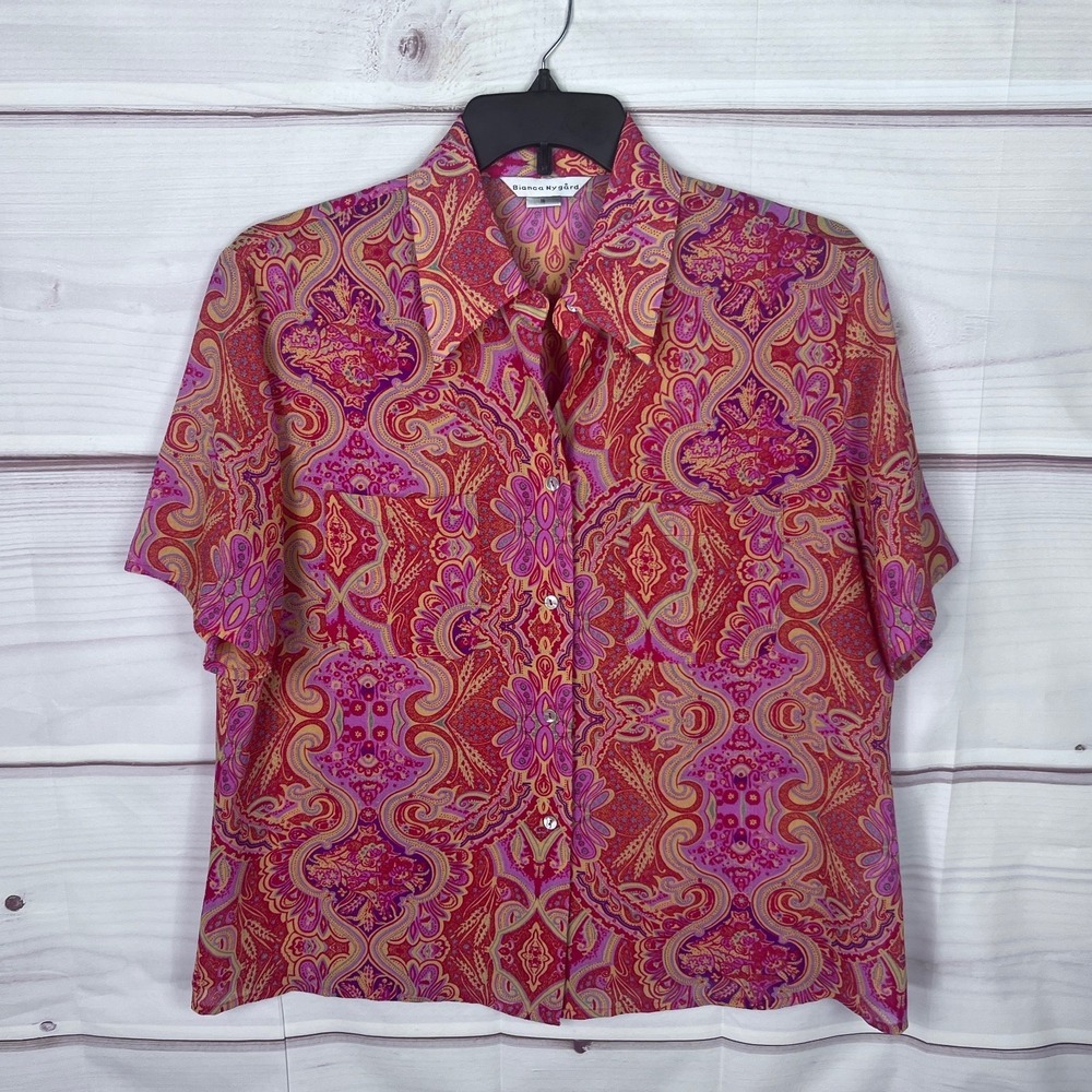 Bianca Nygard Top Womens 16 Red Orange Paisley Shirt Button Up Short Sleeve